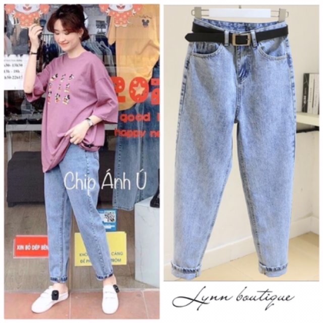 Quần bò baggy ống trơn may gấu cạp cao | BigBuy360 - bigbuy360.vn