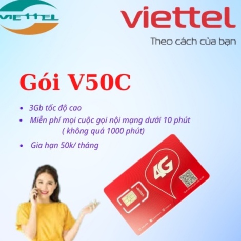 Sim 4G Viettel gói V70C Miễn Phí gọi nội mạng dưới 10 phút và 3GB tháng