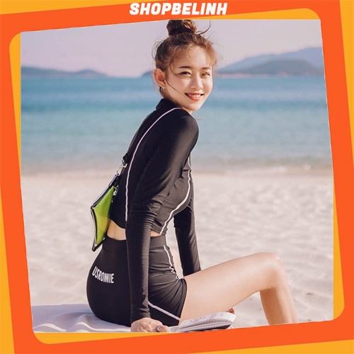shopbelinh Đồ bơi đi biển bộ rời, bikini tay dài màu đen và quần short gân trắng kín đáo đi biển