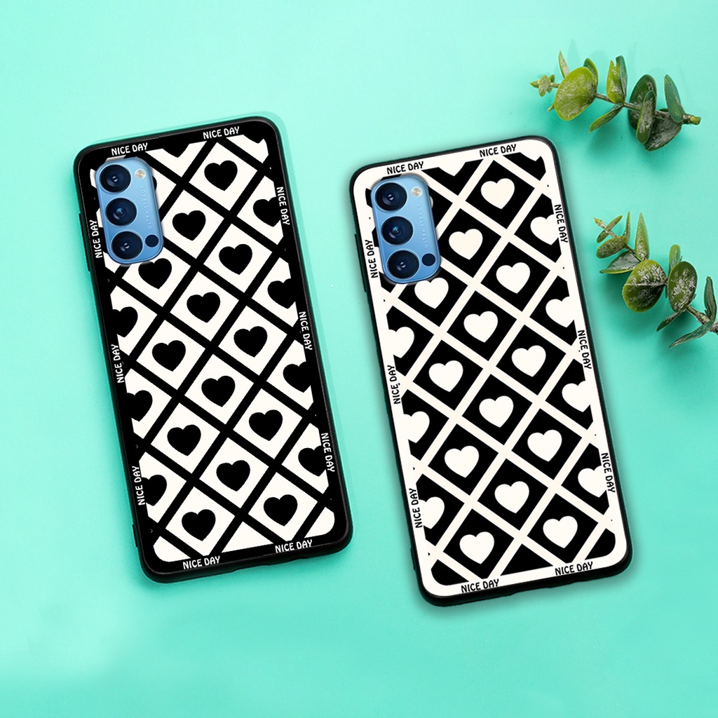 Ốp lưng Oppo Reno 4 - Reno 4 Pro - Reno4 - Reno4 Pro in hoạ tiết caro trái tim đen trắng, gấu bear cute đáng yêu