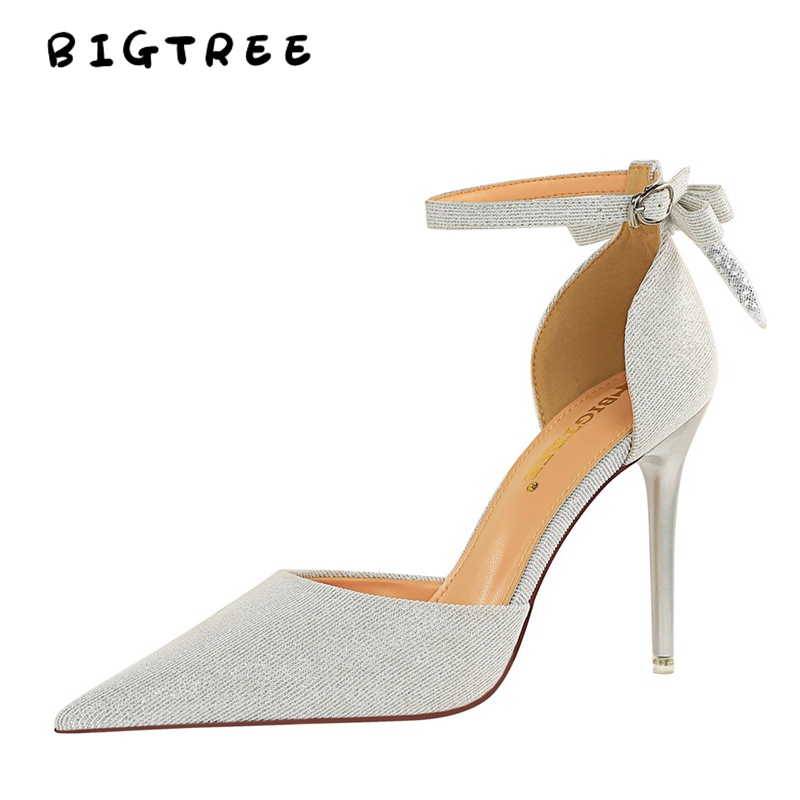 Giày cao gót BIGTREE 286-2 miệng nông mũi nhọn 10cm đính đá thời trang dành cho nữ