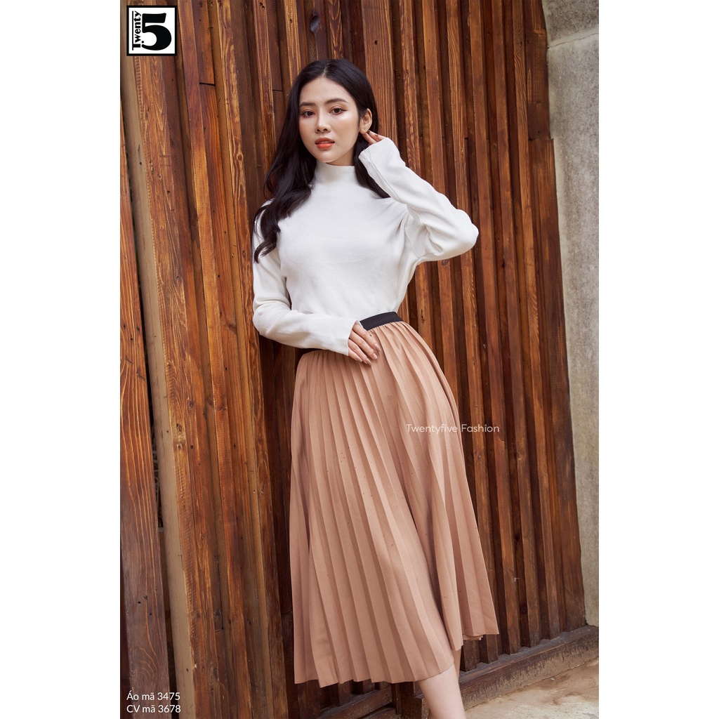 Chân váy nữ xếp ly dáng dài midi lưng thun nhiều màu Twentyfive Fashion 3678M