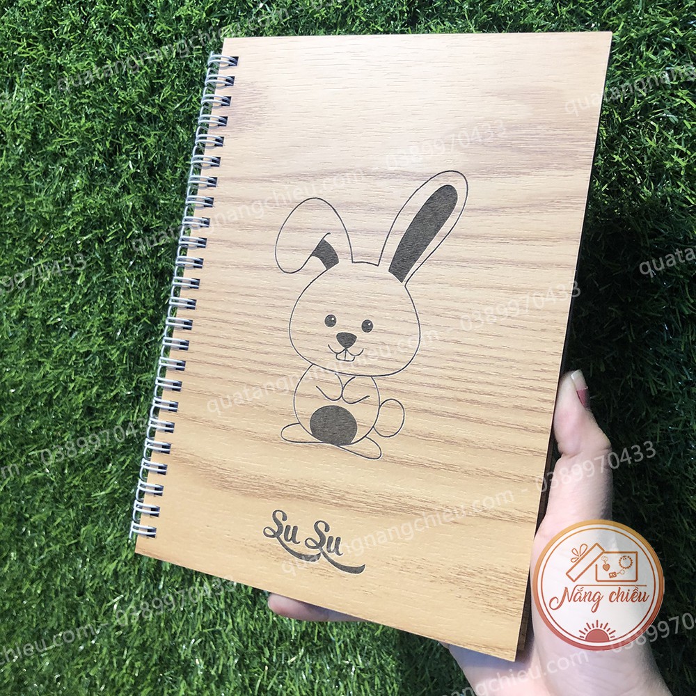 Sổ tay Notebook bìa gỗ cứng khắc tên theo yêu cầu - Khắc hình con thỏ xinh xắn - Free thiết kế