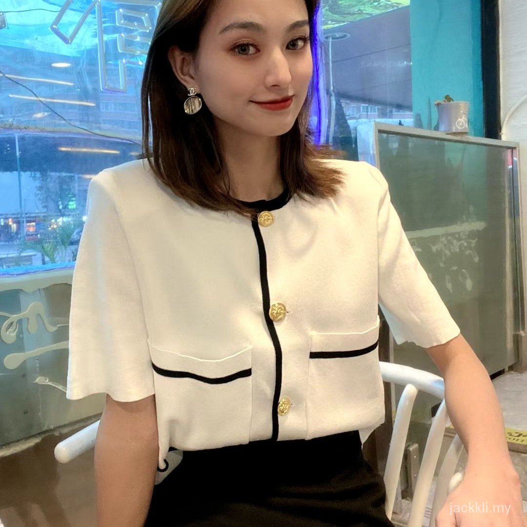 Áo Cardigan Dệt Kim Tay Ngắn Phối Hai Túi Phong Cách Chanel Cổ Điển Thời Trang Mùa Hè Cho Nữ 2021