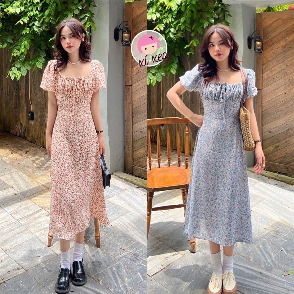 Váy hoa nhí dáng dài 2 lớp thắt nơ ngực tay phồng tiểu thư vintage xixeoshop - v154