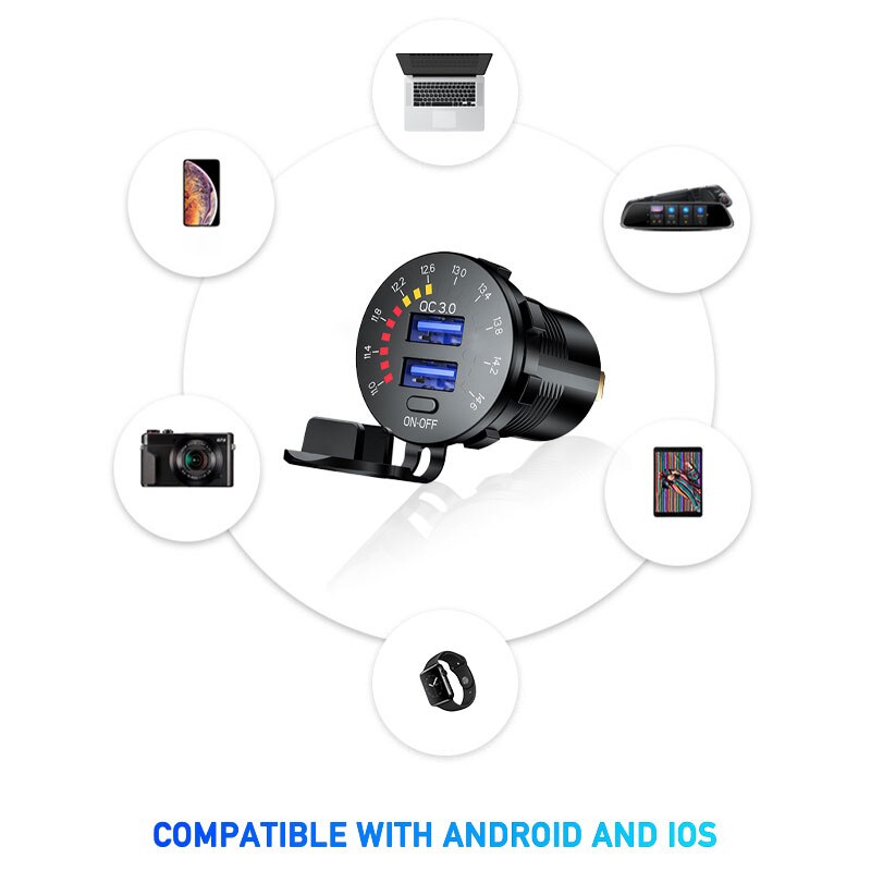Bộ sạc ô tô 12V Thuốc lá Bật lửa Kép USB QC3 Sạc nhanh Điện thoại tự động Sạc điện thoại tự động Nắp đậy chống nước Màn hình điện áp Phụ kiện ô tô