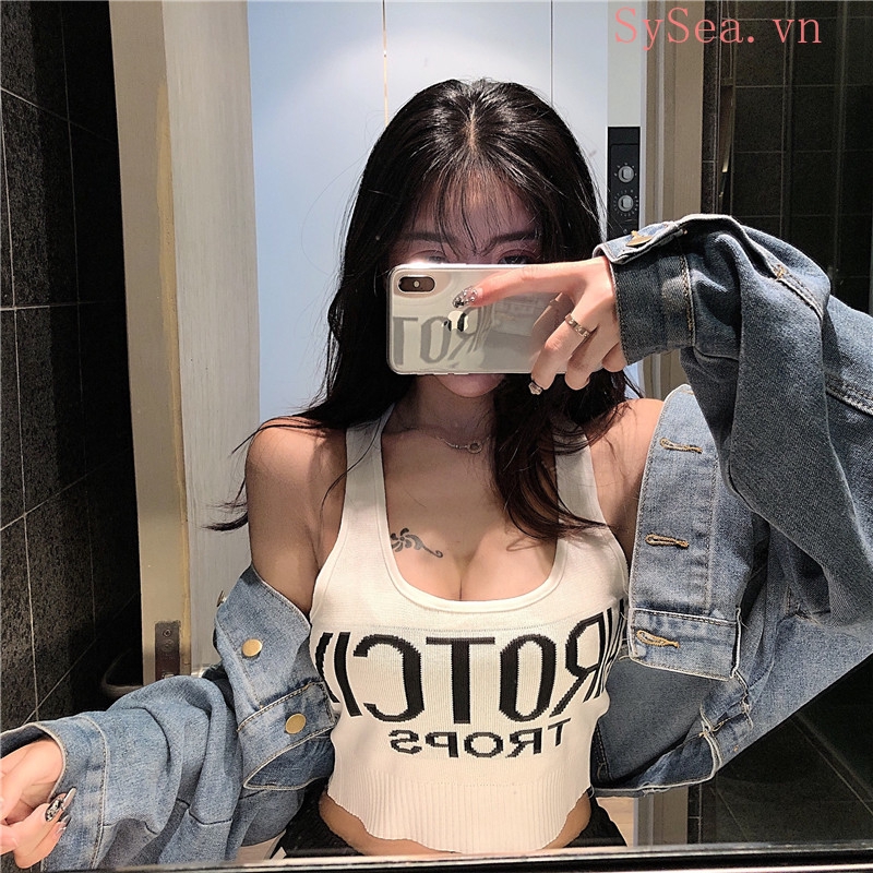 Áo Ba Lỗ Cộc Tay Dáng Ôm Hở Eo Quyến Rũ Họa Tiết Chữ Thời Trang Mùa Hè Kiểu Hàn Dành Cho Nữ Sinh