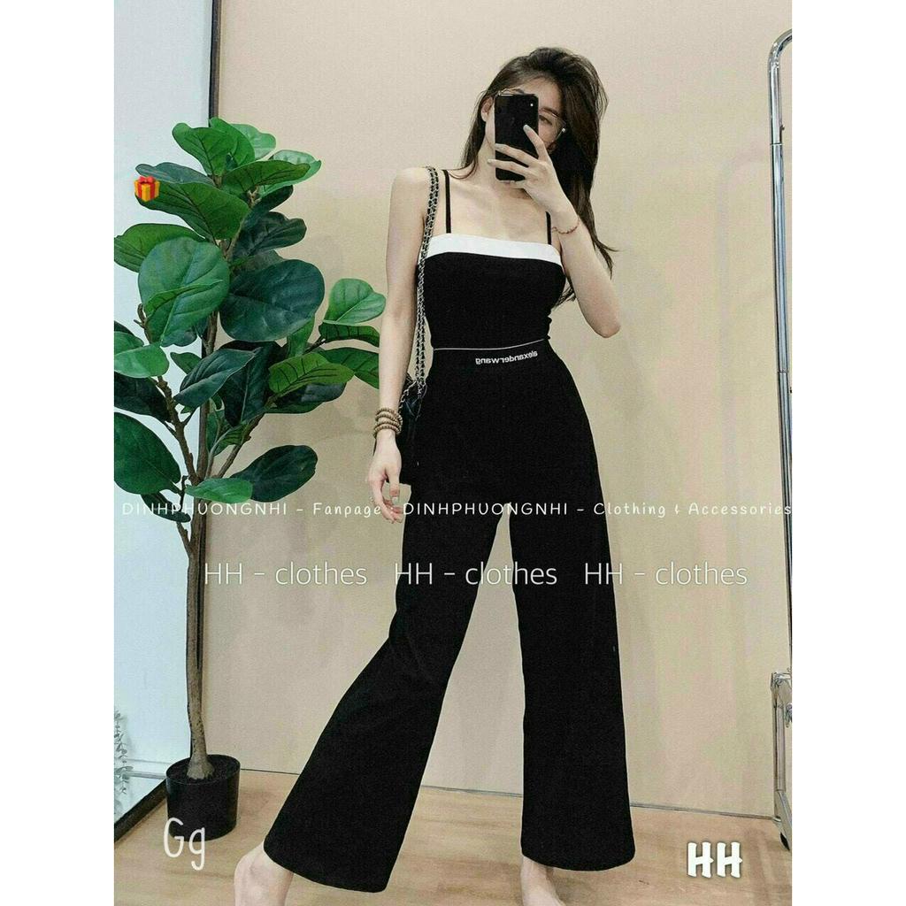 Set bộ mặc nhà đi chơi áo 2 dây croptop mix quần ống loe dáng dài kèm đai in chữ chất thun gân xinh hot