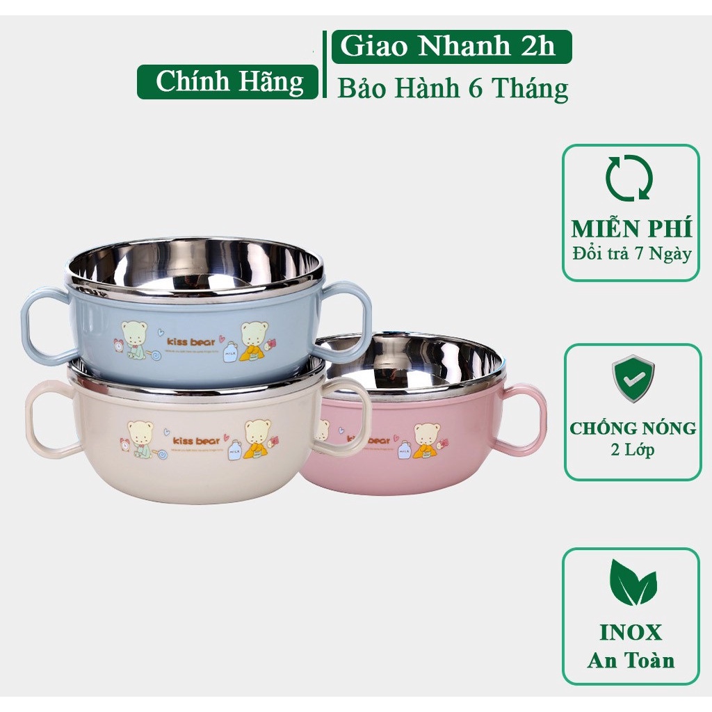 Bát ăn Dặm, Bát Ăn Cơm Inox 2 lớp Cách Nhiệt Cho Bé Có Tay Cầm Nắp Đậy Kèm Thìa Muỗng, Chén ăn cháo