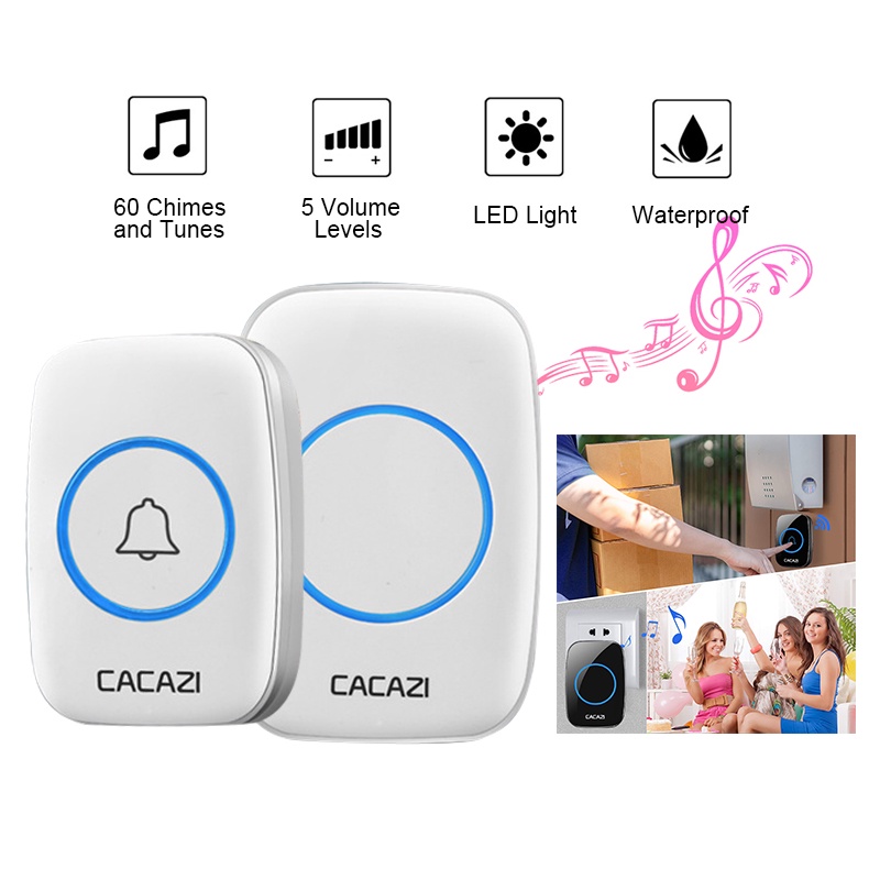 CACAZI Chuông Cửa Không Dây ,Chuông cửa thông minh, Kín Nước, Dùng Pin hoặc Điện 220V, kiều chuông khoảng cách 300m