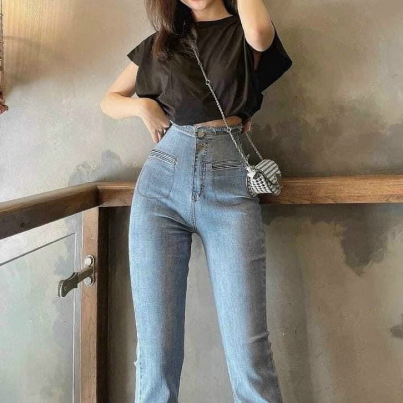 Quần jeans ôm loe tua cạp túi trước
