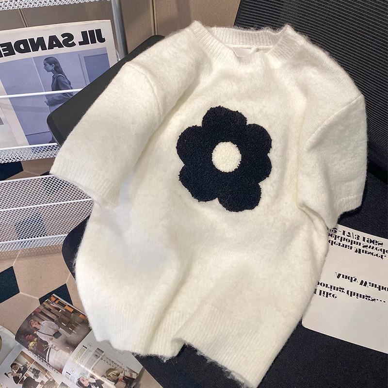Áo Sweater Dệt Kim Tay Ngắn Cổ Tròn Ba Chiều Mềm Mại In Họa Tiết Hoa Thời Trang Xuân Thu Cho Nữ