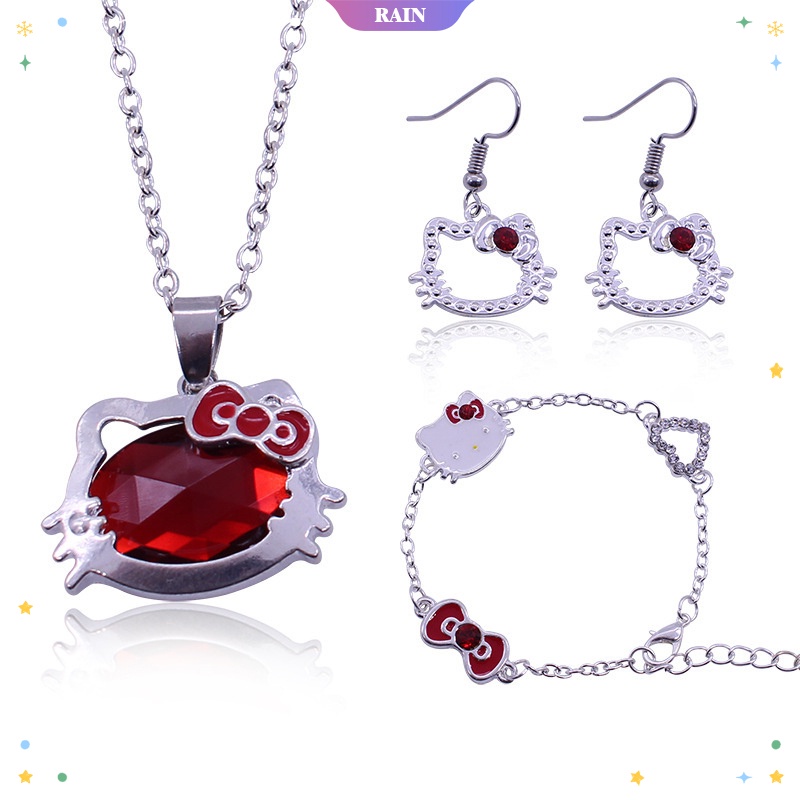 SANRIO Bộ Trang Sức Vòng cổ/ Vòng Tay/ Khuyên Tai Mặt Hello Kitty Dễ Thương Cho Bé Gái