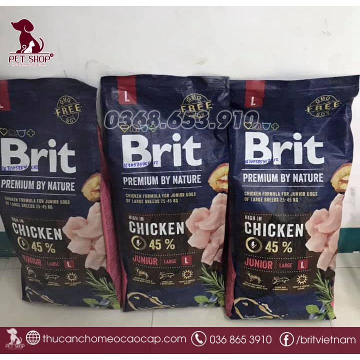 [15KG} Thức Ăn Cho Chó Phú Quốc 1-24 Tháng - Brit Premium By Nature Junior L Vị Thịt Gà