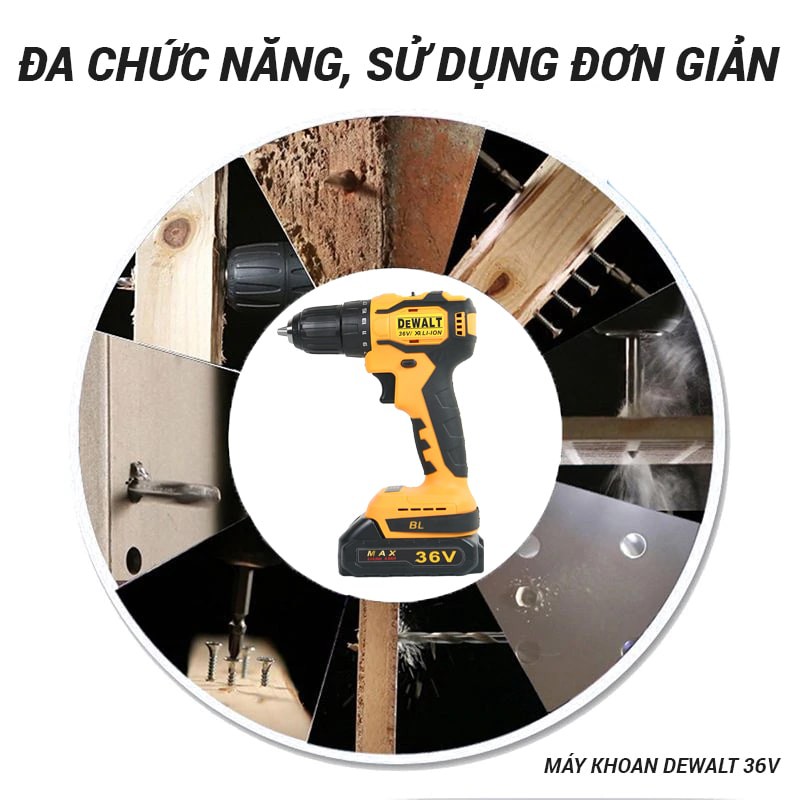 Máy khoan pin động cơ không chổi than DeWalt 36V 4Ah – Lõi đồng 100%, Đầu 10mm – 21 cấp trượt–Kèm 2 pin sạc, 1 dock sạc