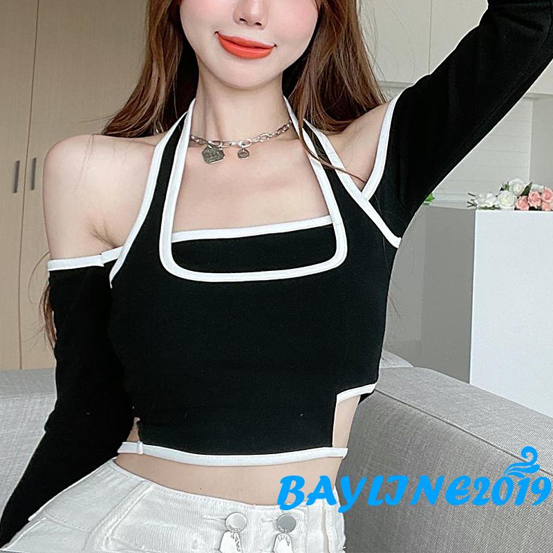 Áo Thun Dài Tay Hở Vai Giả Hai Lớp Màu Xám/Đen Thời Trang Xuân Hè Cho Nữ