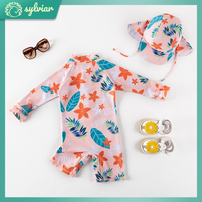 Bộ Đồ Bơi 2 Mảnh Dài Tay Họa Tiết Hoa Lá Xinh Xắn Cho Bé Gái