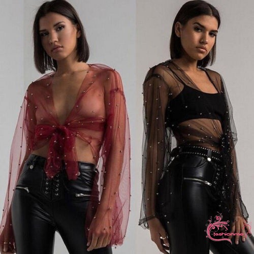 ღ𝓂ℰFashion Women Long Sleeve Shirt Casual Blouse Loose Mesh Sheer Tops T Shirt | BigBuy360 - bigbuy360.vn
