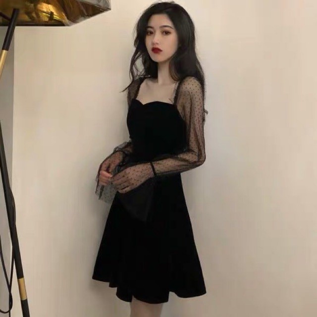 Đầm xoè tay dài nhung phối lưới ulzzang / Đầm dự tiệc sang trọng QC _ có ảnh thật