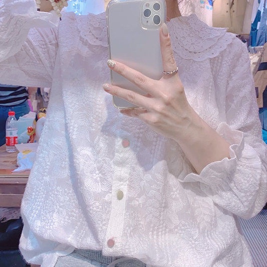 Hàng Có Sẵn Áo Sơ Mi Nhỏ Cổ Búp Bê Tay Loe Cài Nút Nhiều Màu Sắc Phong Cách Châu Âu Mùa Thu Cho Nữ