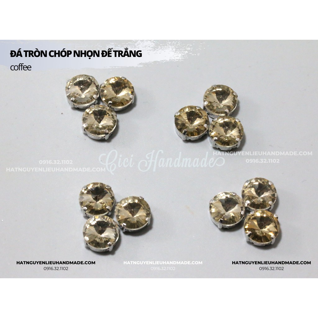 Set 5-10 hạt đá tròn chóp nhọn đế trắng lỗ khâu link 1/2 Cici Handmade chuyên hạt đá hạt pha lê hạt cườm hạt trang sức