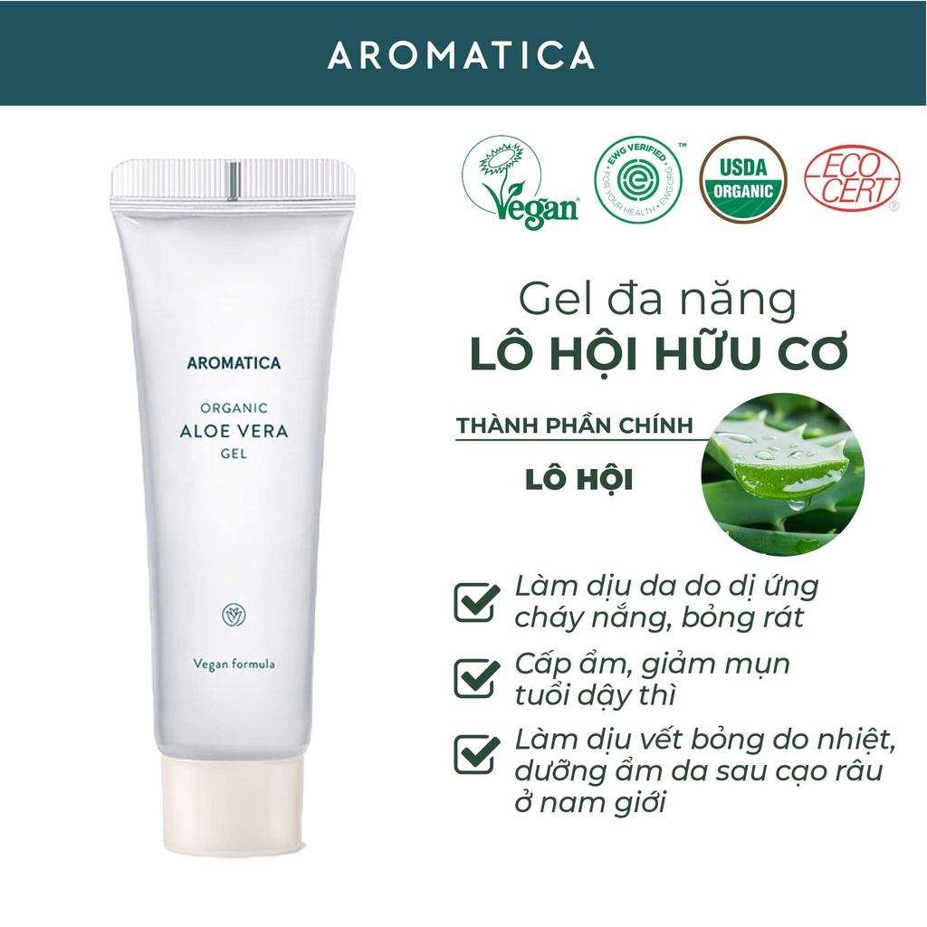 Gel Lô Hội Hữu Cơ Dưỡng Ẩm, Làm Dịu Da Mặt Và Toàn Thân Aromatica Organic Aloe Vera Gel 50ml/180ml