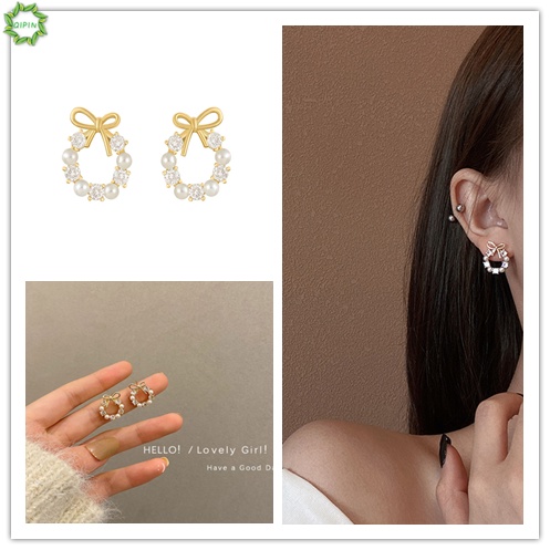 Bông tai xỏ lỗ đính ngọc trai giả đính nơ phong cách thời trang cho nữ