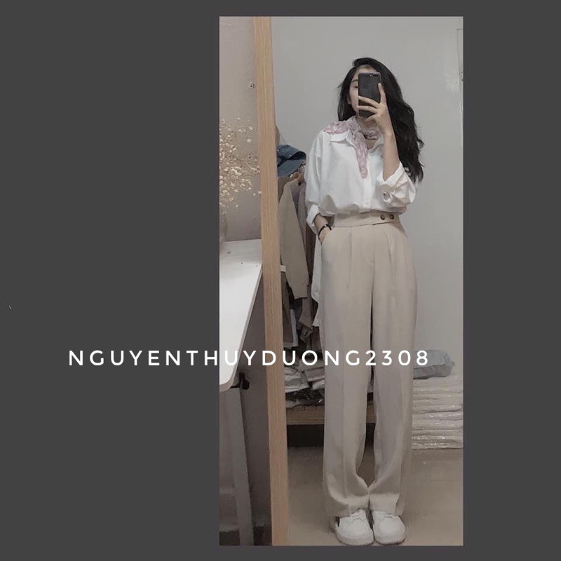 [Ảnh thật/Sẵn]Quần Long pants ống rộng cạp cao 2 cúc/Quần culottes ulzzang