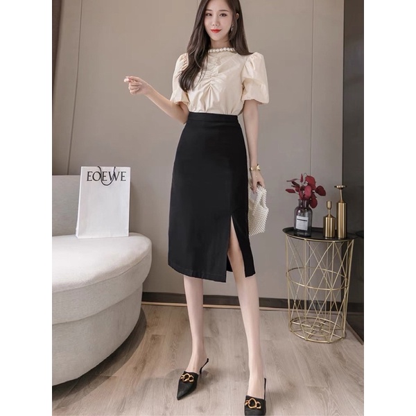 Chân Váy Công Sở Chữ A Dài Xẻ Trước, Chân Váy Đen Dài