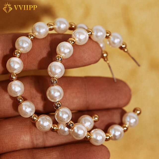 Khuyên tai ngọc trai tròn màu vàng kim ngoại cỡ đơn giản thời trang phong cách Hàn Quốc