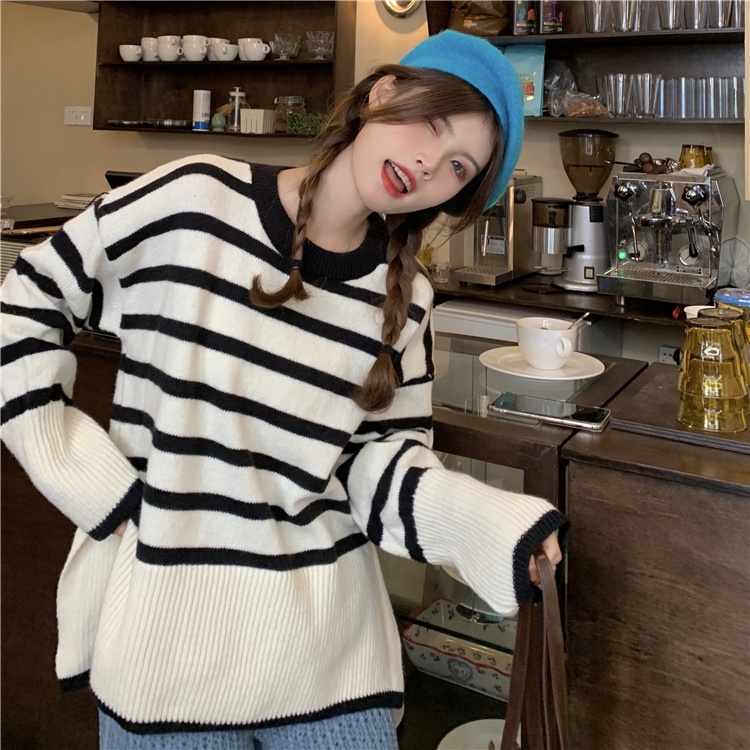 Áo sweater ZHELIHANGFEI tay dài dáng rộng thiết kế xẻ tà bên hông họa tiết kẻ sọc ngang thời trang trẻ trung