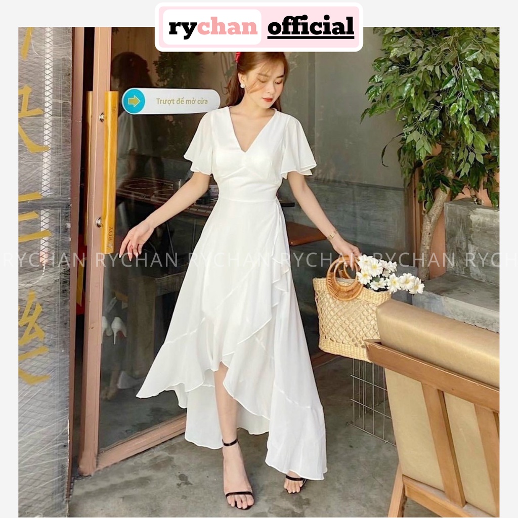 Đầm Xòe Dạo Biển Midi Lệch Tà Viền Bèo 2 Màu Siêu Xinh - DX0093