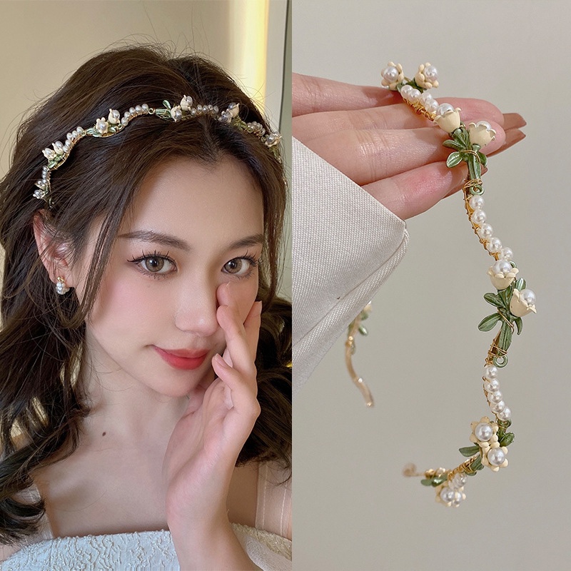 Băng Đô Hoa Lily Đính Ngọc Trai Nhân Tạo Phong Cách Retro Thanh Lịch Hợp Thời Trang
