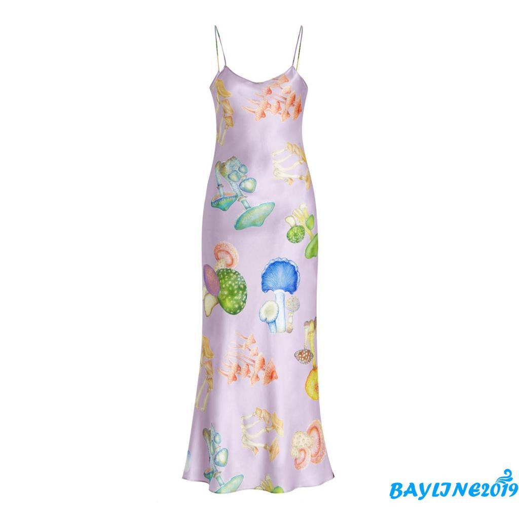 Bay-Women´s Summer Midi Dress, Sleeveless Spaghetti Strap V Neck Mushroom Print Long Dress