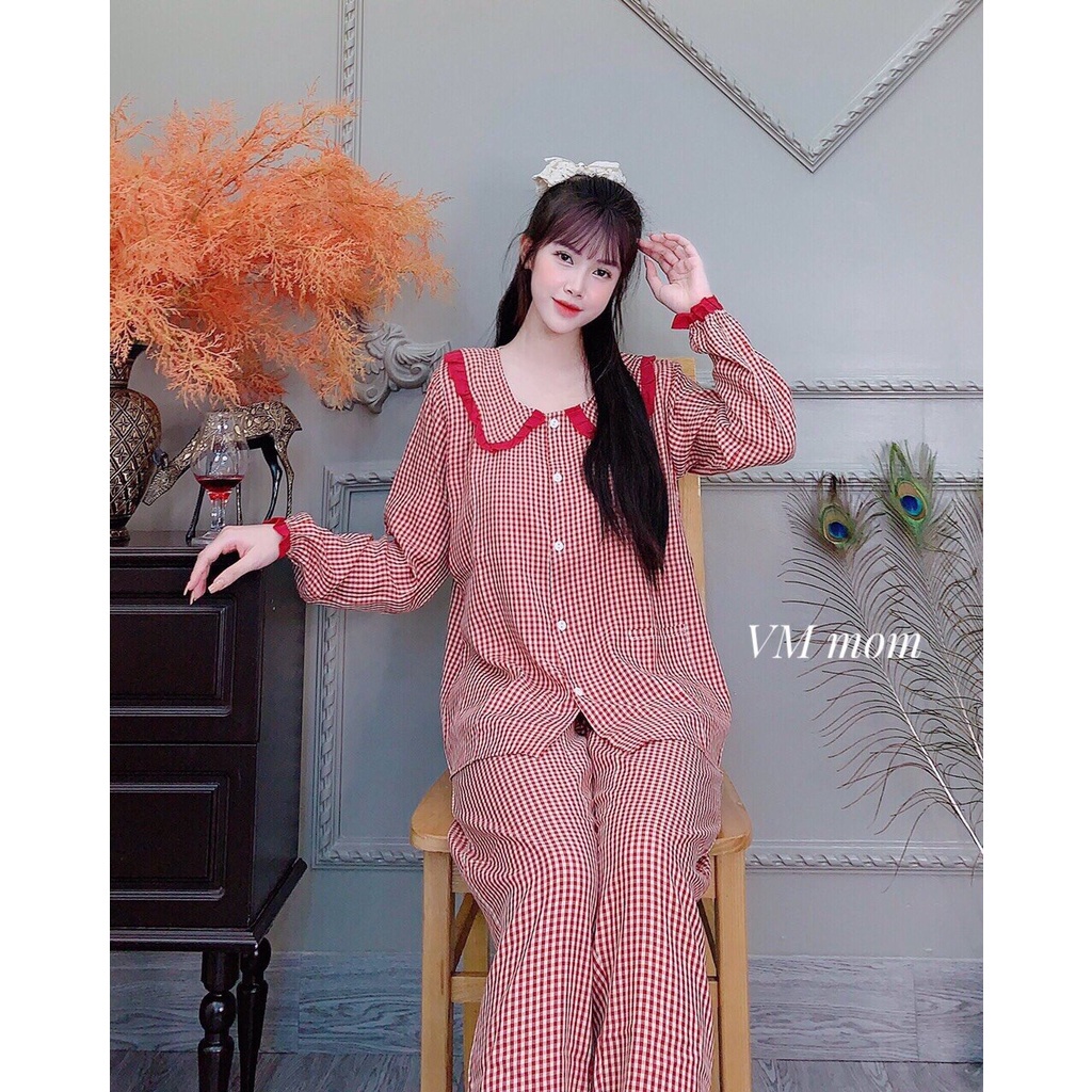 Bộ đồ sau sinh,mặc nhà, thô đũi kẻ cổ sen, có khoá ngực cho bé ti(45-70kg)A030