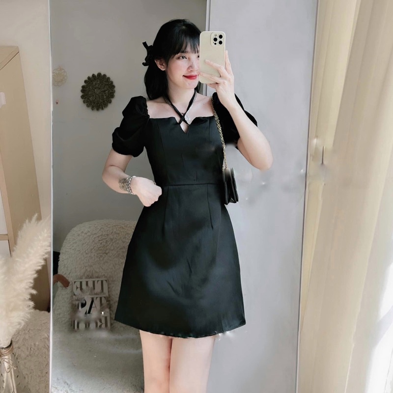 Váy Dây Chéo Buộc Cổ Khoá Lưng Tay Phồng Ulzzang Hàn Quốc