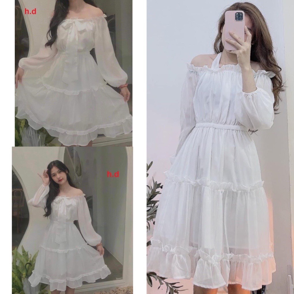 Váy, Đầm trễ vai công chúa đính nơ tay bồng chất voan lụa mặc được 2 kiểu phong cách tiểu thư hàn quốc, TONGKHOQUANAONU