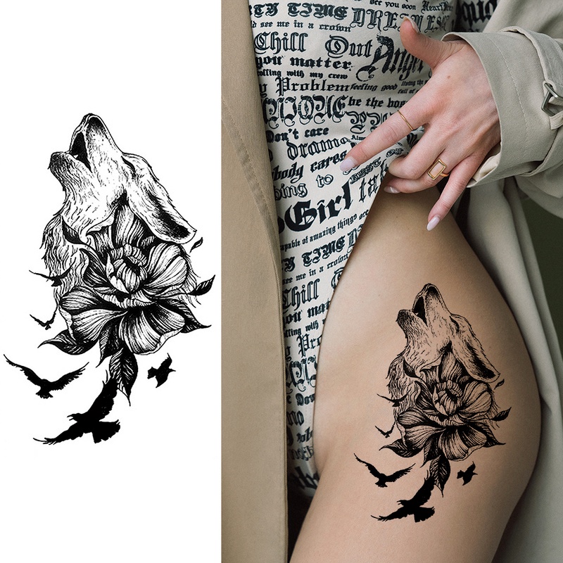 1 Hình Xăm Dán Họa Tiết Đầu Sói Và Hoa 3D Nghệ Thuật
