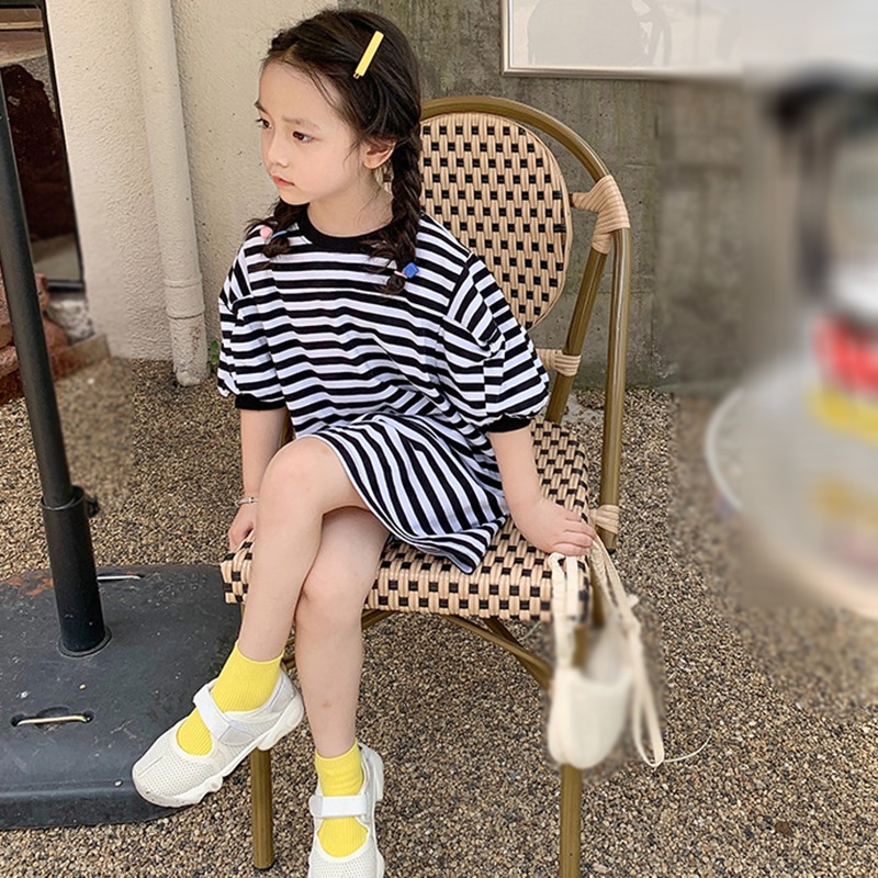 Đầm Thun Tay Ngắn Cổ Tròn Họa Tiết Kẻ Sọc Thời Trang Hàn Quốc Cho Bé Gái