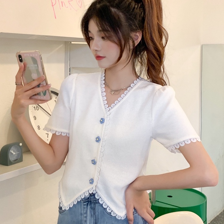 Áo thun dệt kim ZHELIHANGFEI ngắn tay phối ren phong cách thời trang cho nữ