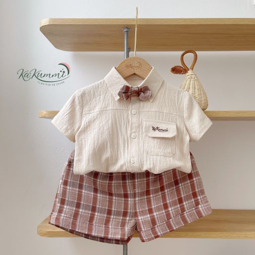 Set áo sơ mi thêu túi quần kẻ (KM22-ST230)