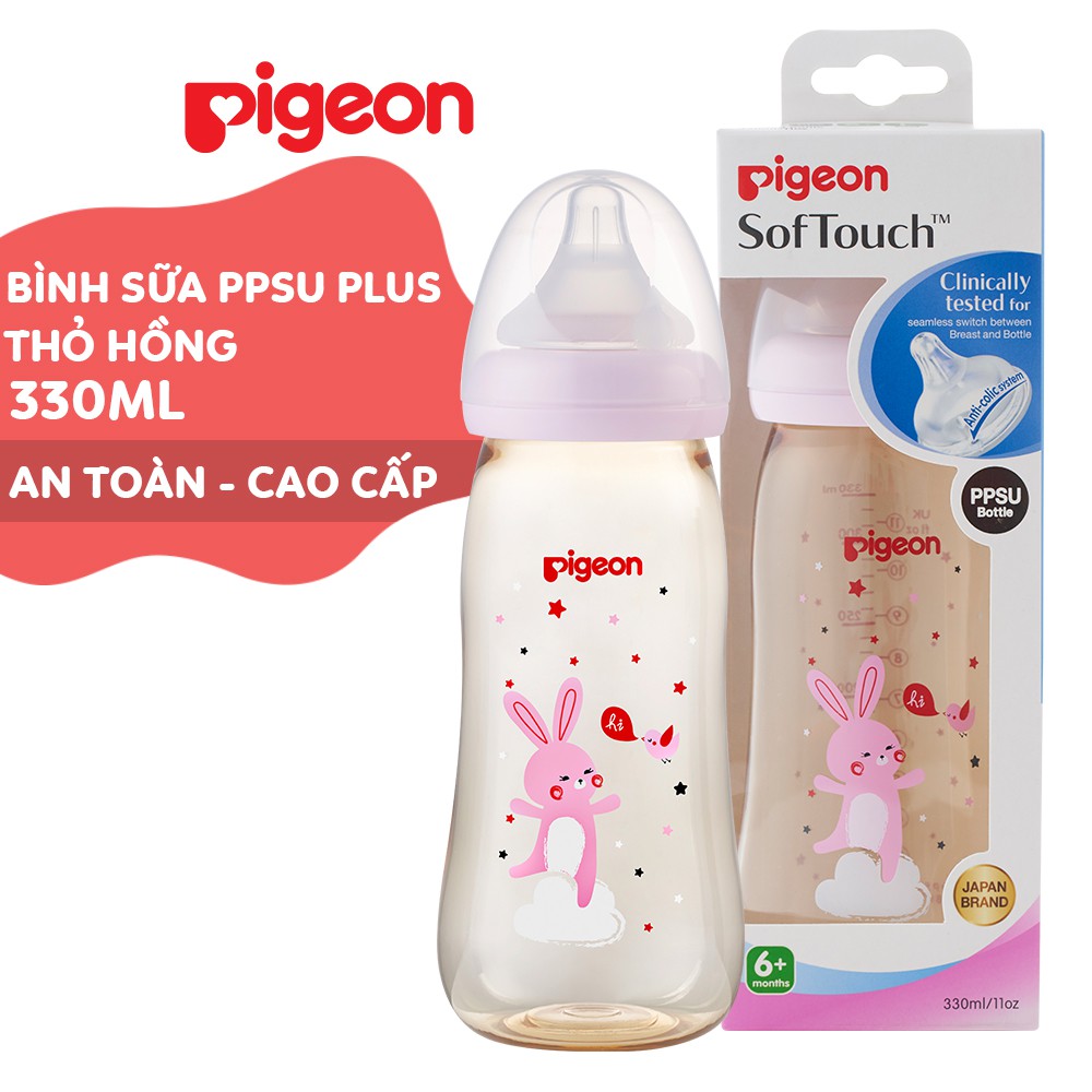 Bình Sữa PPSU Plus Voi Xanh/ Thỏ Hồng Pigeon 330ml (L)