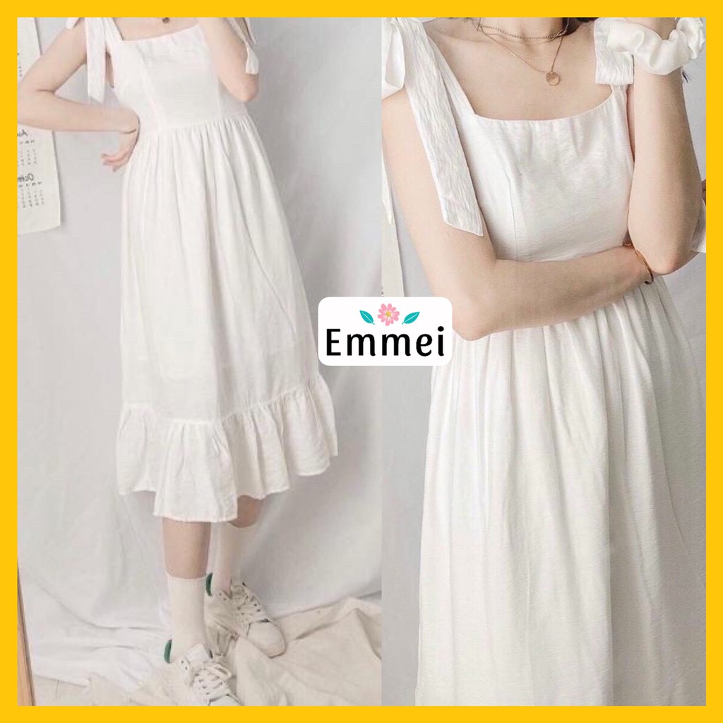 Váy 2 dây trắng xoè nữ, đầm 2 dây buộc nơ hàn quốc V8 thời trang nữ emmei