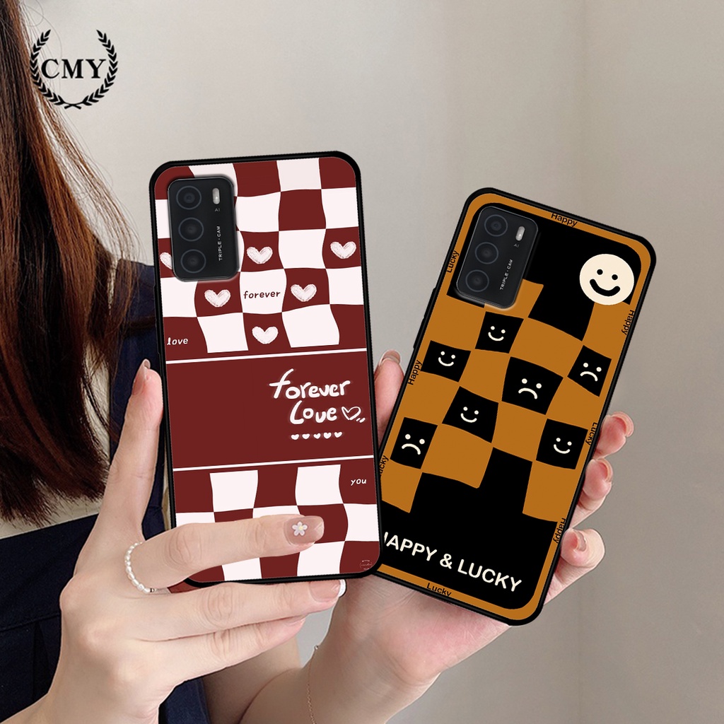 Ốp lưng Oppo A16 in hình họa tiết caro trái tim, mặt cười đơn giản, cá tính