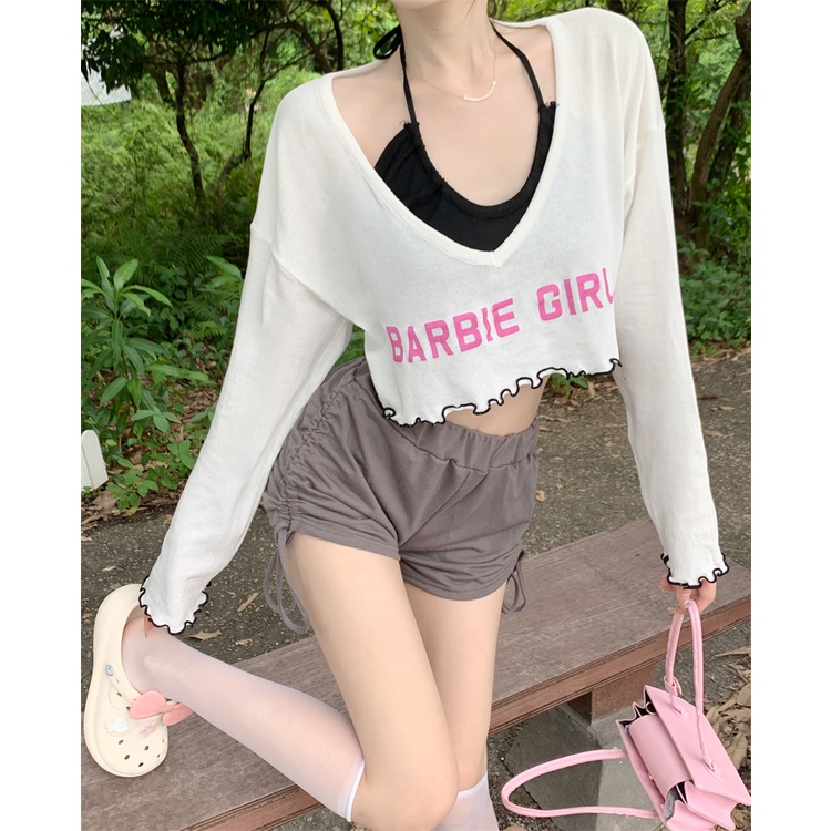 HUANG YOYO Set Đồ Hai Mảnh Gồm Áo Thun Cổ Chữ V Tay Ngắn Chống Nắng Phiên Bản Hàn Quốc Thời Trang Cho Nữ