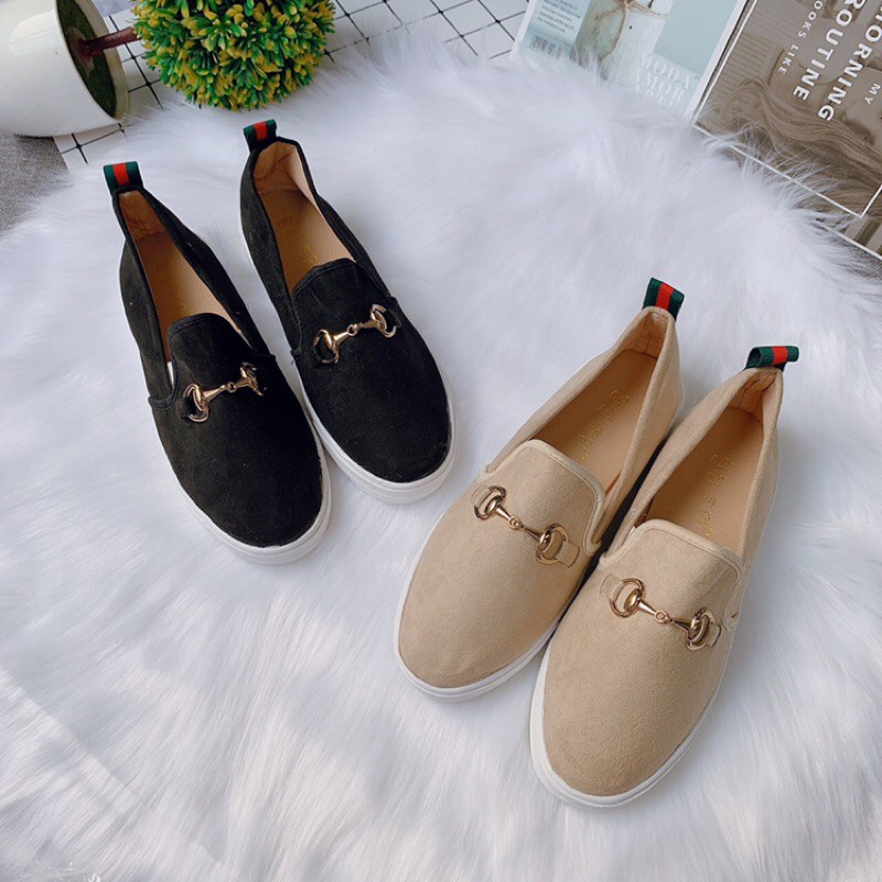 Bán sỉ Giày slip on nữ da lộn gót kẻ Tag khoá 2 màu hot hit -Ảnh thật