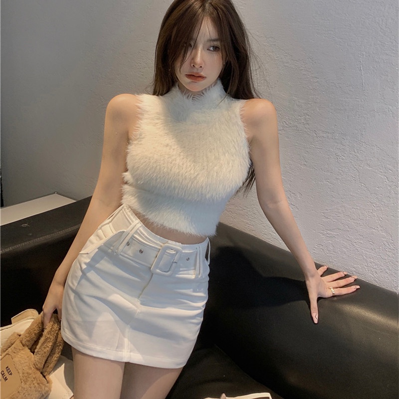 Bộ Áo Sát Nách Cổ Cao + Chân Váy Chữ a Lưng Cao Cá Tính Thời Trang