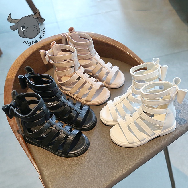 Giày sandal chiến binh cao cổ - Xăng đan bé gái thắt nơ sau phong cách hàn quốc da PU MG Baby 656