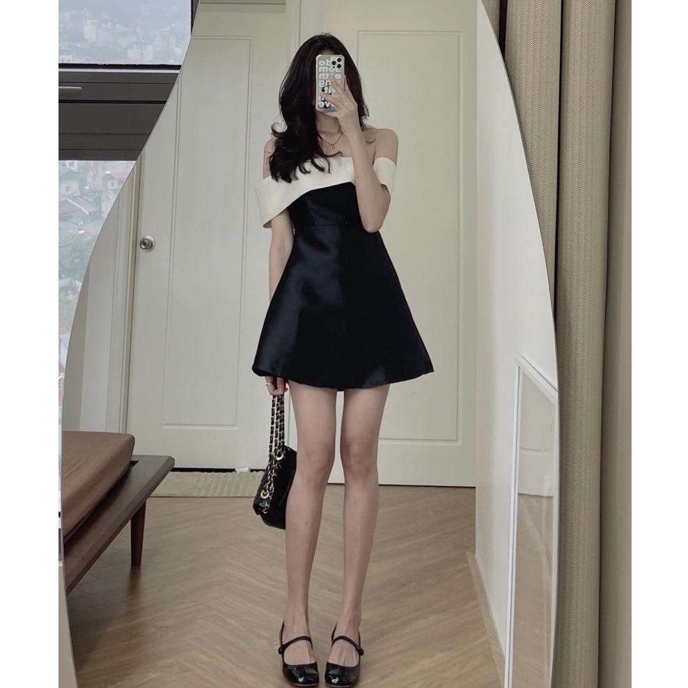 Đầm trễ vai ullzzang - Váy trễ vai nơ lưng chất tafta có sẵn đệm mút ảnh thật