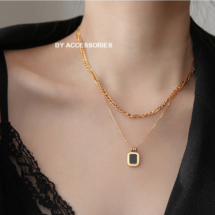 Dây chuyền titan 2 tầng vintage mặt chữ nhật màu đen không gỉ